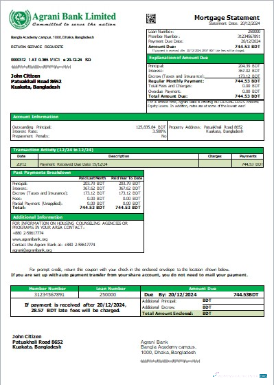 Download Bangladesh Agrani Bank mortgage statement scr Photoshop template